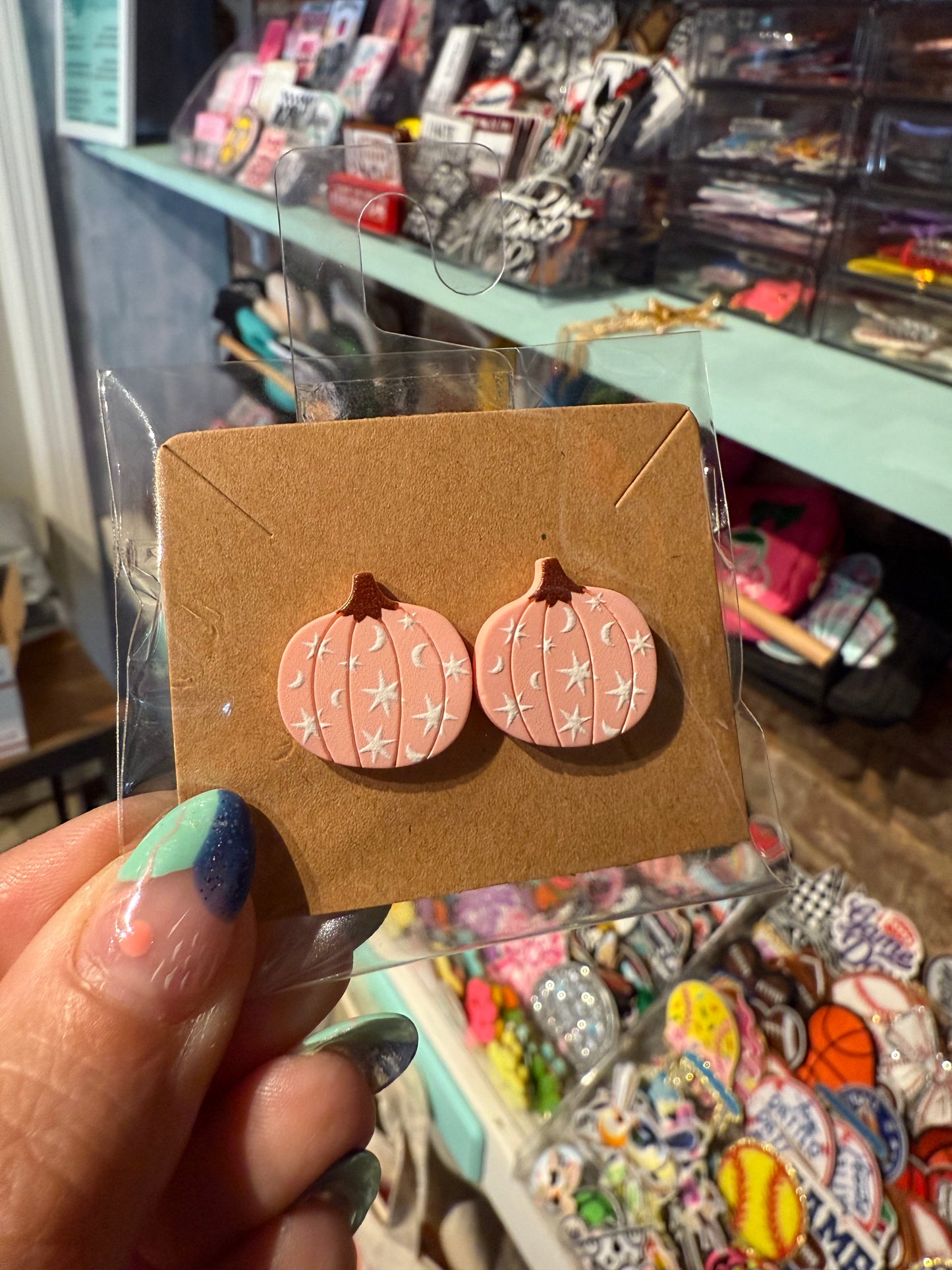 Clay Pink Pumpkin Earrings with Stars Studs