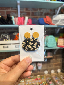 Round Black Gold Leaf Earrings