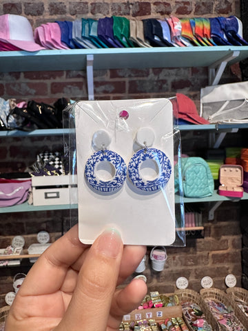 Blue and White Round Earrings