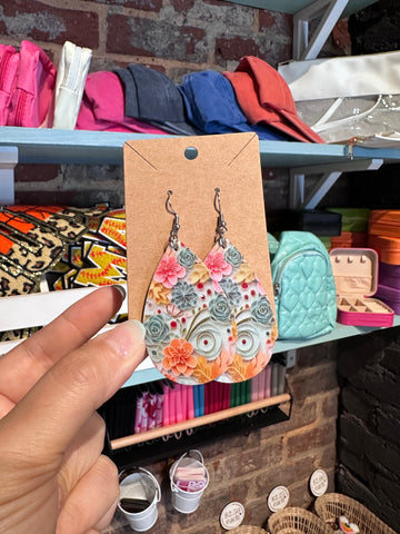 Leather Floral Teardrop Earrings