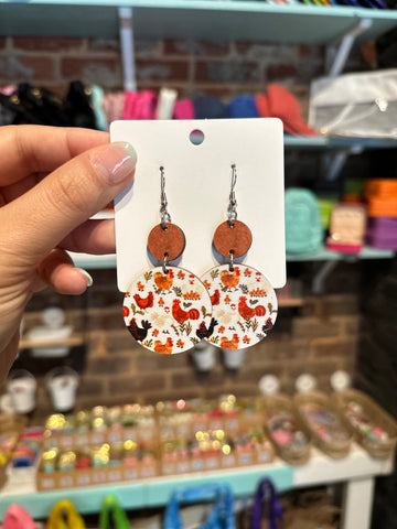 Wooden Chicken Round Earring