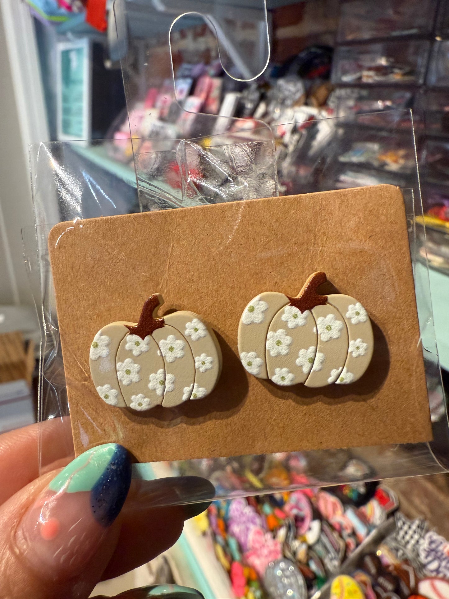 Clay Taupe Pumpkin Earrings with Flower Studs