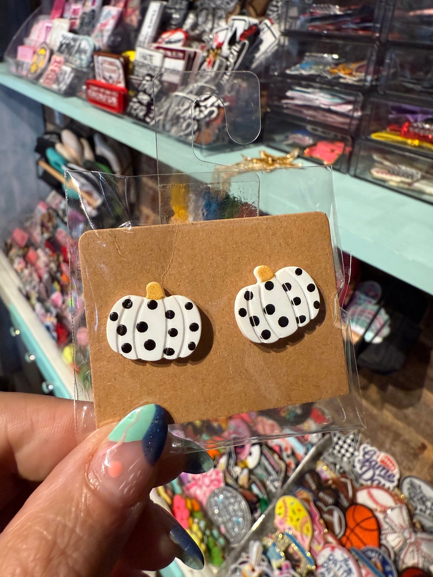 Clay White Pumpkin Earrings with Polka Dots Studs