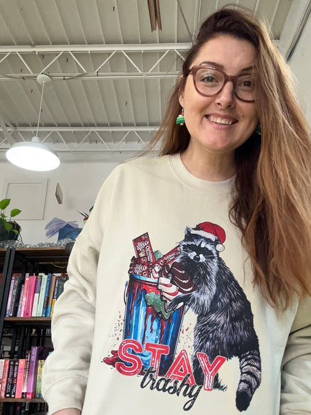 Stay Trashy Raccoon Sweatshirt (Christmas Tree Cakes)
